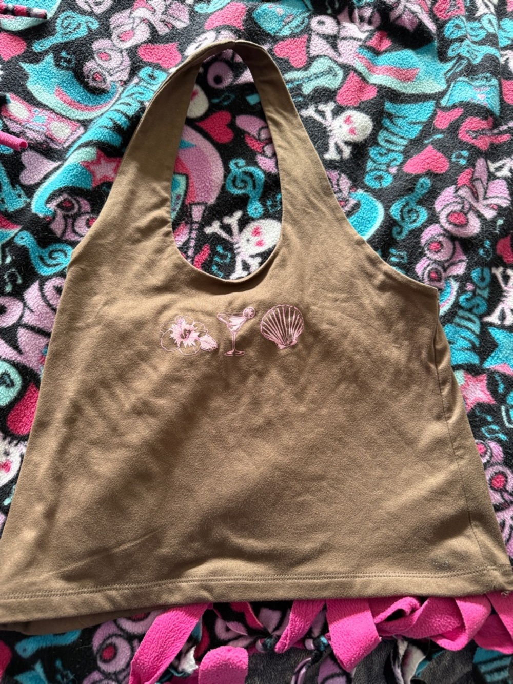 Justify Olive Halter Tank with Pink Embroidery